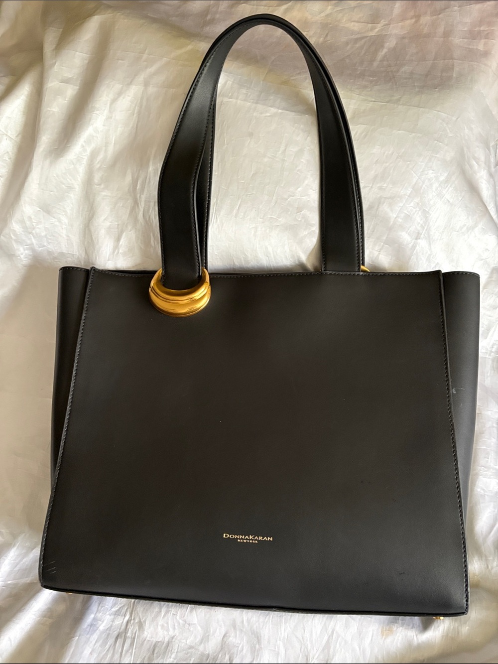 Donna Karan New York Black Leather Hewlett Tote with Gold Ring Detail